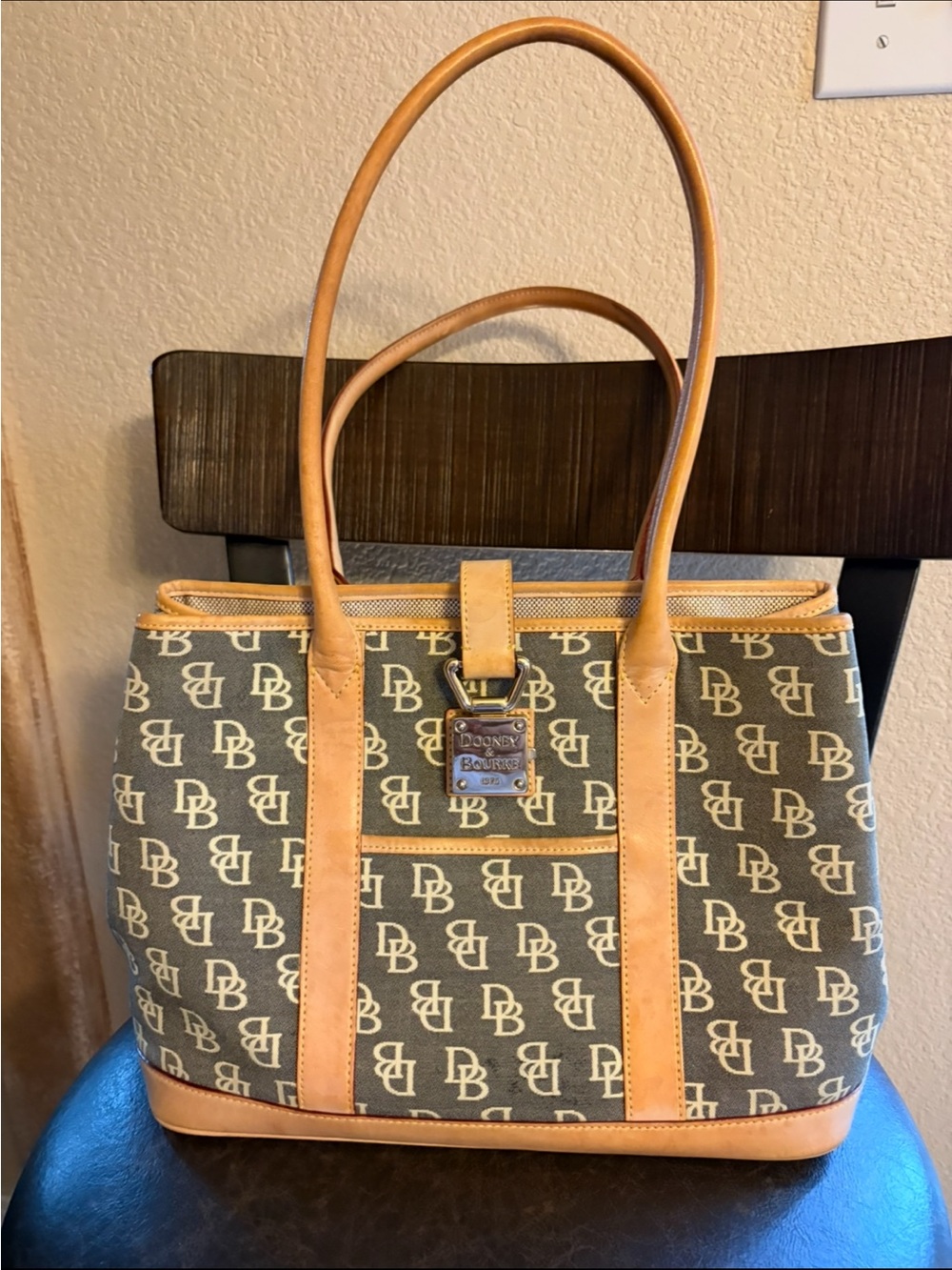 Dooney & Bourke Brown Logo Canvas Tote with Tan Trim